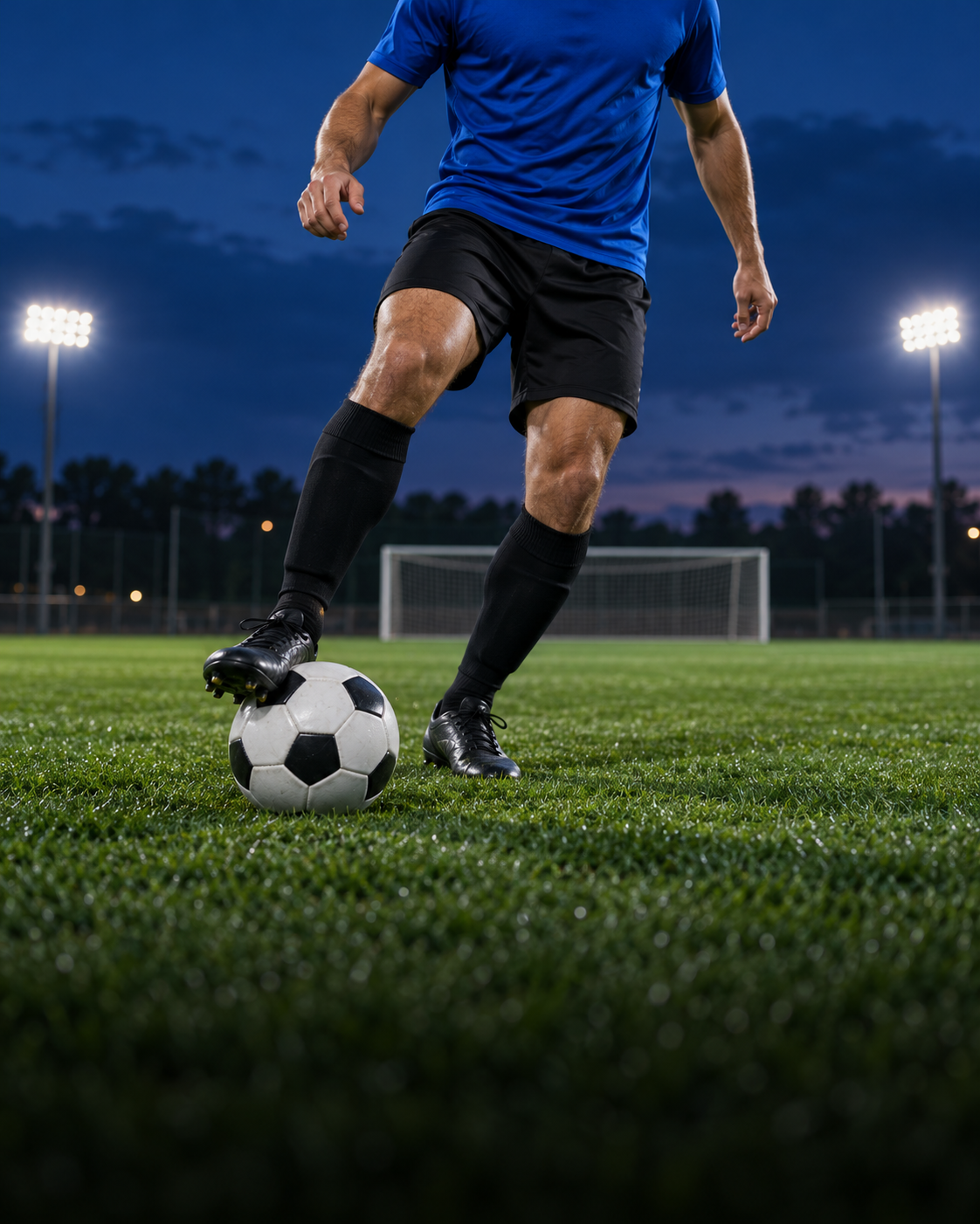 Jogador com camisa azul conduzindo a bola no campo